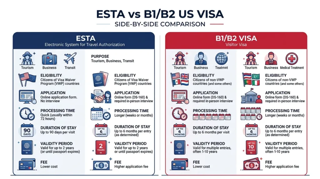 ESTA vs B1 B2 비자 비용 8가지 차이 ESTA와 미국 비자 B1B2 비교 인포그래픽 2026